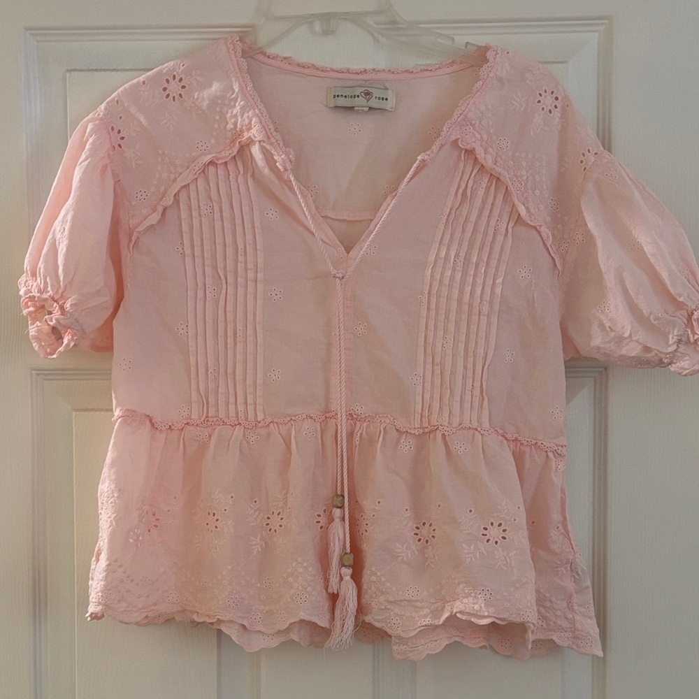 Penelope Rose Pink Embroidered Short Sleeved Top